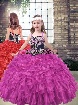 Sleeveless Embroidery and Ruffled Layers Lace Up Kids Formal Wear