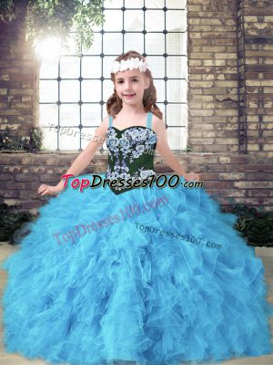 Low Price Straps Sleeveless Tulle Girls Pageant Dresses Embroidery and Ruffles Lace Up