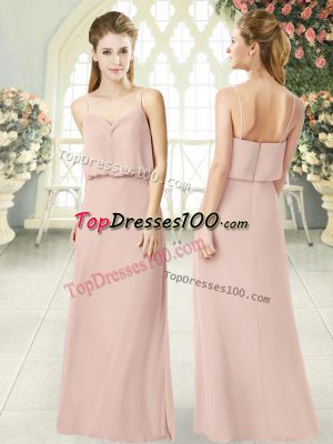 Trendy Pink Empire Spaghetti Straps Sleeveless Chiffon Floor Length Zipper Ruching Prom Gown