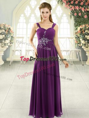 Chiffon Spaghetti Straps Sleeveless Lace Up Beading and Ruching in Dark Purple