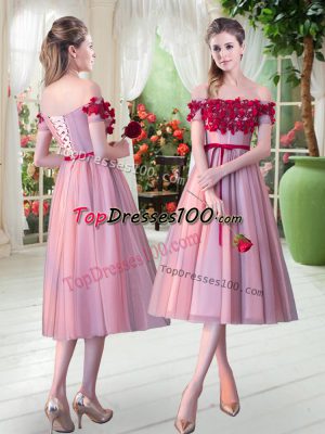 Customized Pink Tulle Lace Up Off The Shoulder Sleeveless Tea Length Evening Dress Appliques