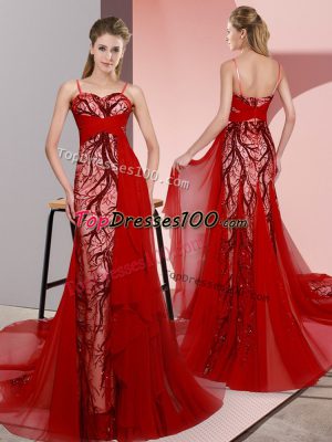 Red Sleeveless Beading and Lace Lace Up Prom Evening Gown