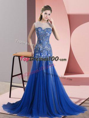 Royal Blue Dress for Prom Tulle Brush Train Sleeveless Beading and Appliques