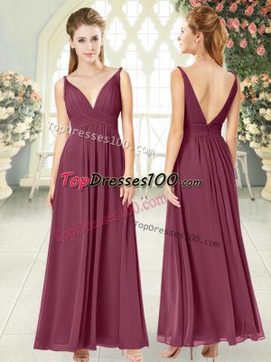 Attractive Burgundy Sleeveless Ruching Ankle Length
