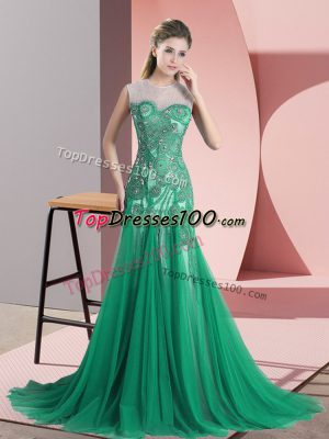 Green Sleeveless Tulle Sweep Train Backless Prom Party Dress for Prom and Party and Military Ball