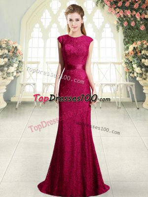 Backless Evening Dress Red for Prom and Party with Beading and Lace Sweep Train