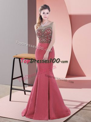 Colorful Red Satin Backless Prom Dresses Sleeveless Sweep Train Beading