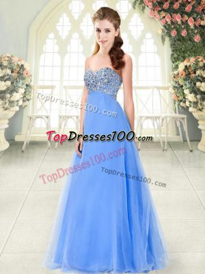 Custom Made Sleeveless Tulle Floor Length Lace Up Prom Dresses in Blue with Beading