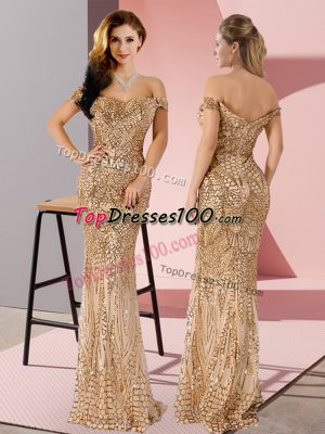 Inexpensive Gold Sleeveless Ruching Floor Length Evening Dress