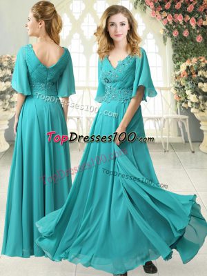 Half Sleeves Chiffon Floor Length Sweep Train Zipper Evening Dress in Aqua Blue with Beading and Lace