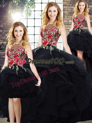 Cute Bateau Sleeveless Lace Up Vestidos de Quinceanera Black Tulle