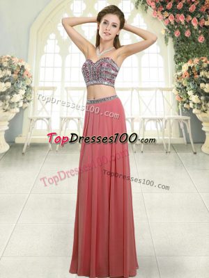 Watermelon Red Chiffon Backless Sleeveless Floor Length Beading