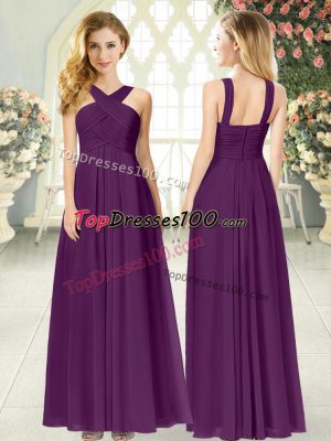 Floor Length Purple Prom Evening Gown Chiffon Sleeveless Ruching