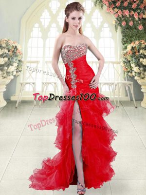 Amazing Red Mermaid Beading and Ruffled Layers Prom Party Dress Lace Up Organza Sleeveless