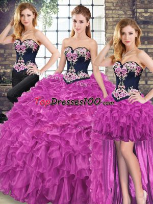 Sweetheart Sleeveless Organza Ball Gown Prom Dress Embroidery and Ruffles Sweep Train Lace Up