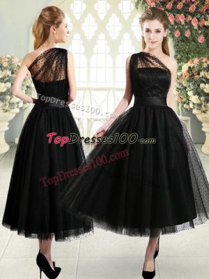 Tulle One Shoulder Sleeveless Side Zipper Ruching Prom Evening Gown in Black