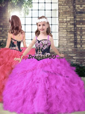 Fuchsia Girls Pageant Dresses Party and Wedding Party with Embroidery and Ruffles Straps Sleeveless Lace Up