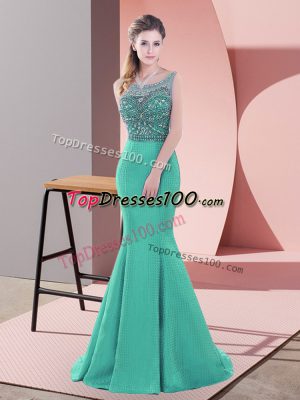 Elegant Satin Scoop Sleeveless Sweep Train Backless Beading Evening Dresses in Turquoise