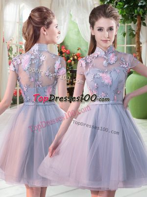 Noble Appliques Dress for Prom Grey Zipper Short Sleeves Knee Length