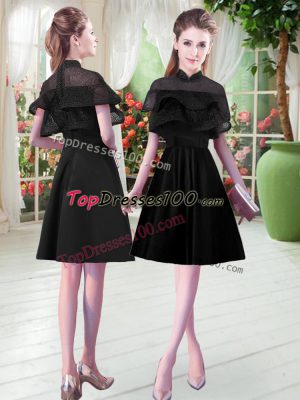 Black A-line High-neck Short Sleeves Satin Knee Length Zipper Lace Juniors Party Dress