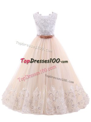 Pink Flower Girl Dresses Wedding Party with Lace Scoop Sleeveless Brush Train Zipper