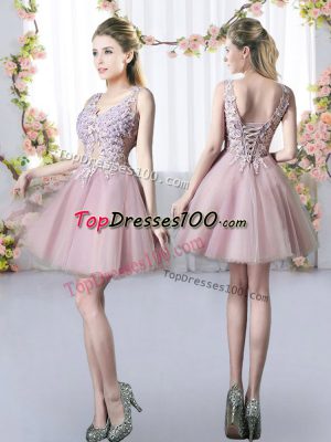 Best Selling Sleeveless Mini Length Appliques Lace Up Wedding Party Dress with Pink