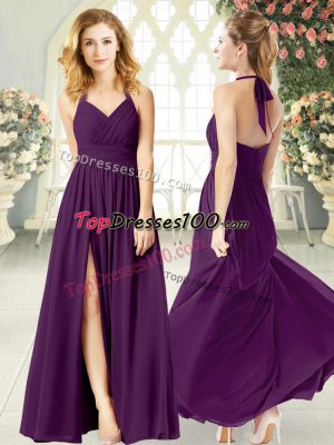 Exceptional Purple Chiffon Backless Prom Dresses Sleeveless Floor Length Ruching