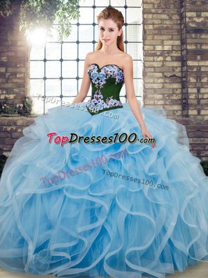 Baby Blue Tulle Lace Up Sweetheart Sleeveless 15th Birthday Dress Sweep Train Embroidery