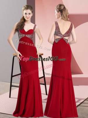 Floor Length Backless Red for Prom and Party and Military Ball with Beading