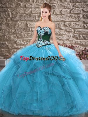 Dramatic Sweetheart Sleeveless Vestidos de Quinceanera Floor Length Beading and Embroidery Blue Tulle