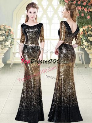 Belt Evening Dress Gold Zipper Half Sleeves Floor Length