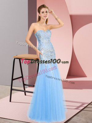 Sleeveless Tulle Floor Length Zipper Prom Dresses in Blue with Beading