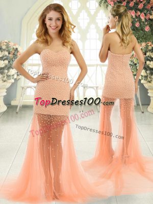 Delicate Orange and Peach Sleeveless Tulle Brush Train Zipper for Prom and Party