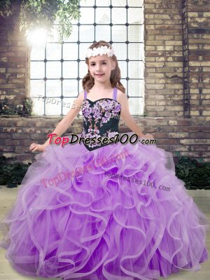 Customized Lavender Lace Up Straps Embroidery and Ruffles Little Girl Pageant Dress Tulle Sleeveless