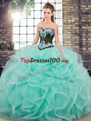 Attractive Embroidery and Ruffles Sweet 16 Dress Aqua Blue Lace Up Sleeveless Sweep Train