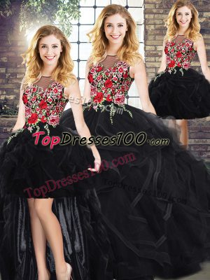 Trendy Black Zipper Ball Gown Prom Dress Sleeveless Floor Length Embroidery and Ruffles