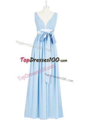 Fashion V-neck Sleeveless Dress for Prom Floor Length Ruching and Bowknot Baby Blue Chiffon