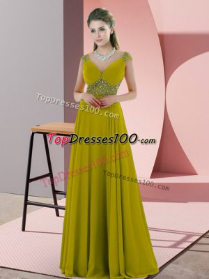 Beautiful Olive Green Cap Sleeves Chiffon Backless Evening Dress for Prom