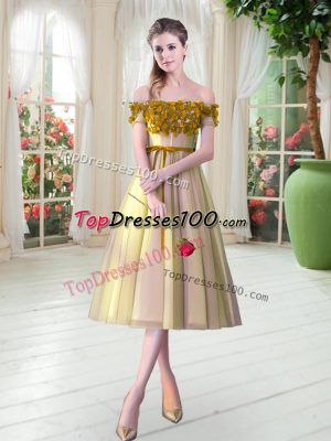 Elegant Gold A-line Off The Shoulder Sleeveless Tulle Tea Length Lace Up Appliques Evening Dress