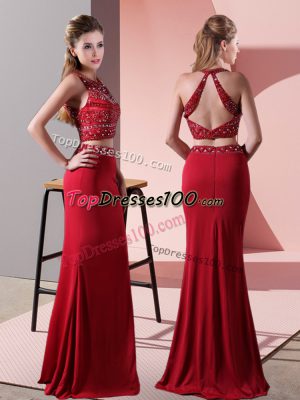 Best Selling Red Two Pieces Halter Top Sleeveless Elastic Woven Satin Floor Length Backless Beading Prom Dress