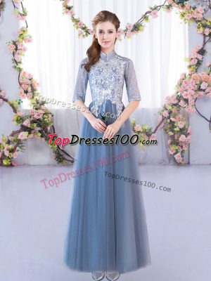 Blue Lace Up Wedding Guest Dresses Lace Half Sleeves Floor Length