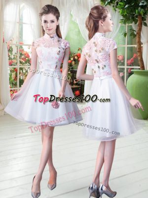 Dazzling White Tulle Zipper Short Sleeves Knee Length Appliques