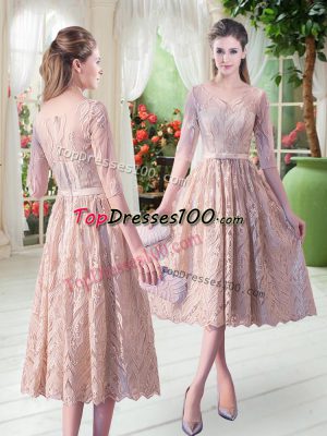 Wonderful Champagne Zipper Prom Gown Belt Half Sleeves Tea Length