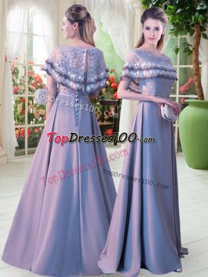 Grey Satin Lace Up Prom Gown Short Sleeves Floor Length Lace