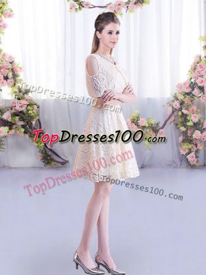 Champagne Short Sleeves Mini Length Lace Lace Up Quinceanera Court Dresses