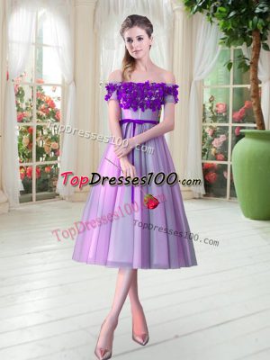 Sleeveless Tulle Tea Length Lace Up Evening Gowns in Lilac with Appliques