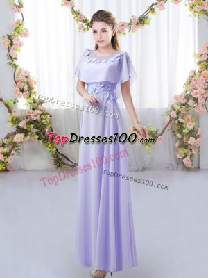 Lavender Zipper Vestidos de Damas Appliques Short Sleeves Floor Length