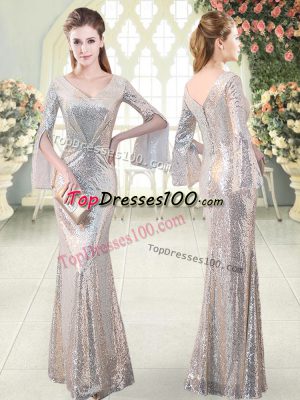 Admirable Silver Mermaid Sequined V-neck Long Sleeves Ruching Floor Length Prom Dresses