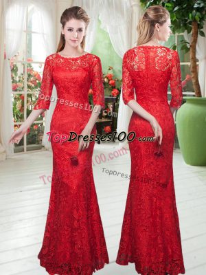 Unique Scoop Half Sleeves Zipper Lace Prom Dress in Red