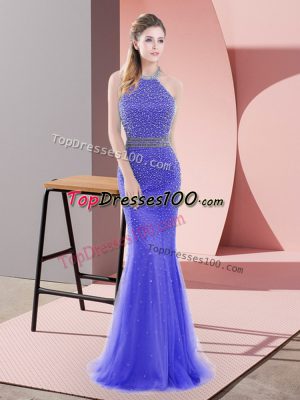 Colorful Tulle Halter Top Sleeveless Sweep Train Backless Beading Formal Evening Gowns in Blue